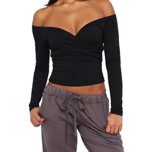 Women Off Shoulder Wrap Tops Long Sleeve Solid Color Slim Fitted T-Shirt Ruched Crop Tops (Black, S)