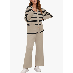 Viottiset Women's 2 Piece Outfits Stripe Sweatsuit Set Long Sleeve Button Sweatshirt Wide Leg Sweatpants Lounge Set XL