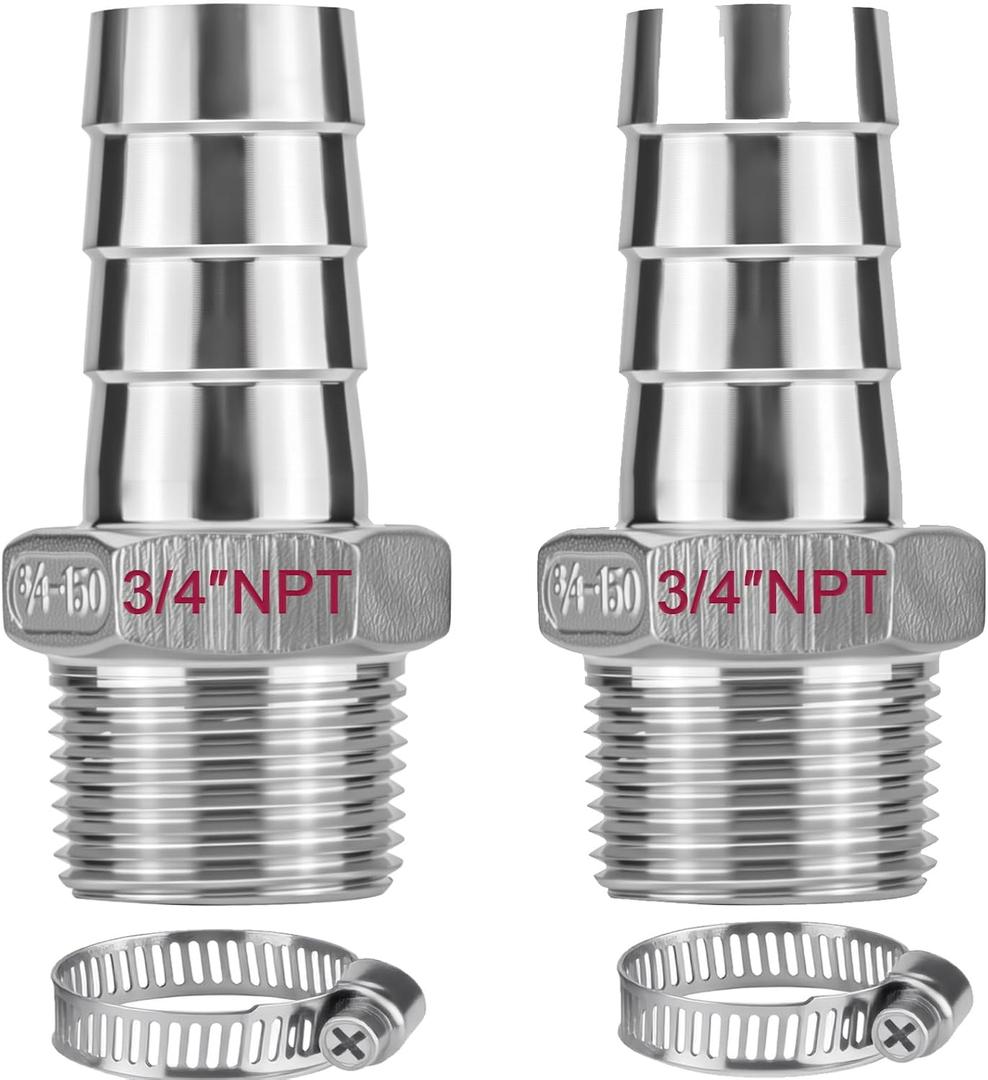 2 PACK 304 Stainless Steel 3/4" Barb x 3/4" NPT Male Thread Fitting, Lead-Free Heavy Duty Connector with Hose Clamps for Air Water Oil Hose Pipe