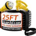 PlugSaf 50 Amp Generator Cord, 25FT 50 Amp RV Extension Cord with Twist Lock, Generator Cable 50A 4 Prong Yellow, NEMA 1450P/SS250R Heavy Duty STW Wire for RV Camper & House