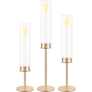 Gold Candle Holders Set of 3 for Glass Taper Candle Holders,Hurricane Candlestick Holder for Home Decor, Wedding, Dinning, Party Decorative, Anniversary (3,Gold)