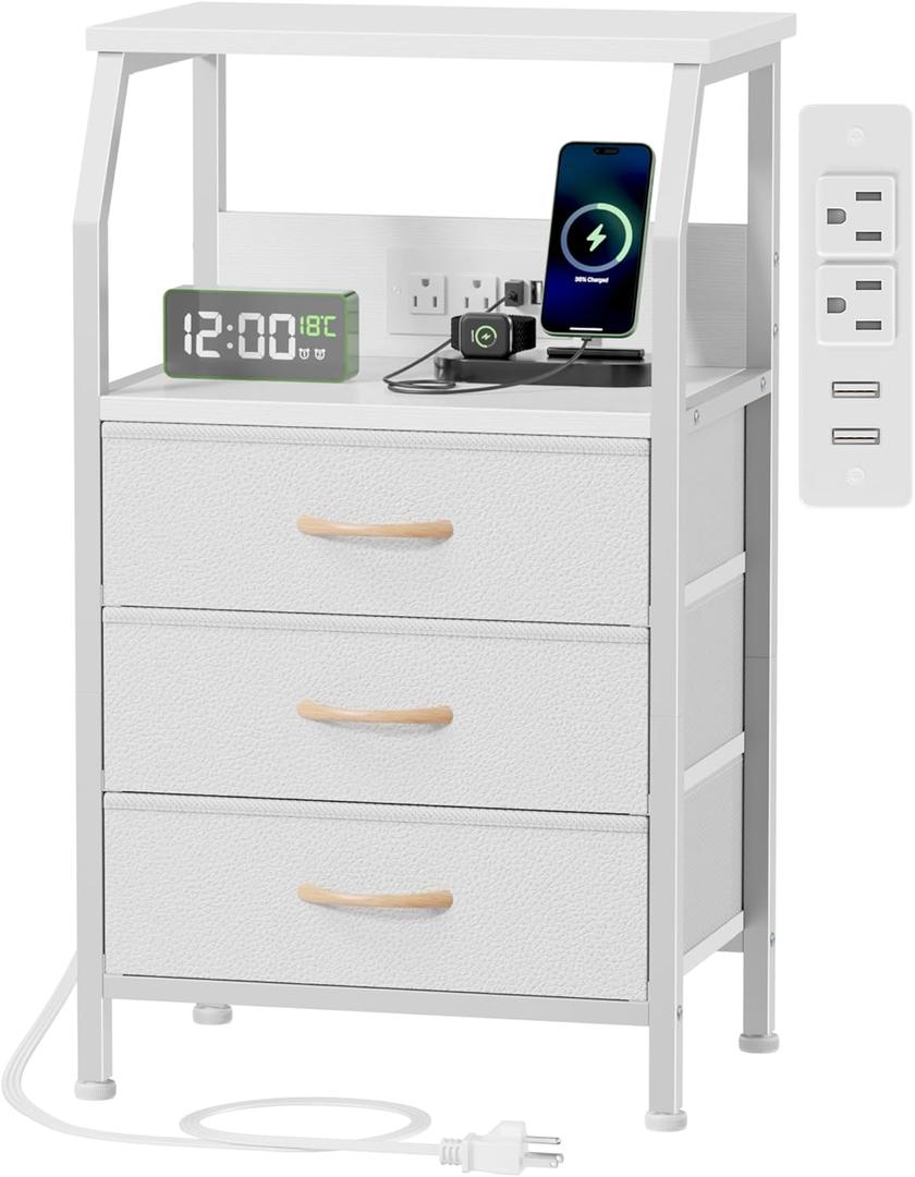 Furnulem Night Stand with Charging Station, 28.3 Inch Tall Bedside Table with PVC Drawers, End Table with USB Ports and Outlets, 3 Fabric Drawer Storage Nightstand for Bedroom, 3 Ways to Use, White