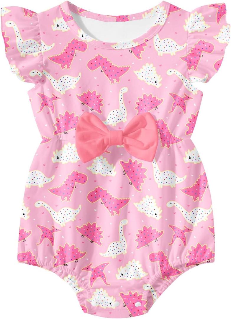 Baby Girls Clothes Infant Print Ruffle Romper Bodysuit with Bow 6-12 Months (Dinosaur Pink)