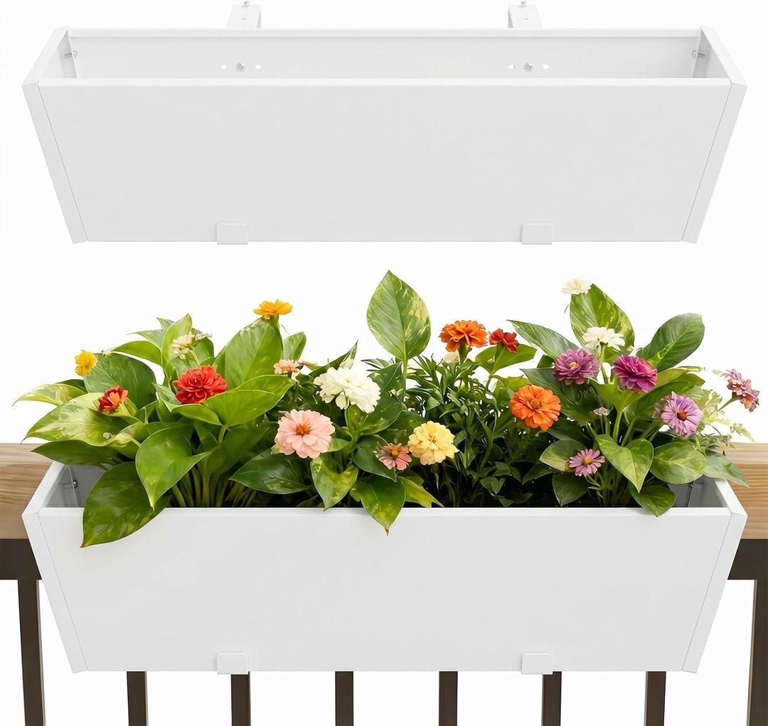 36 Inch Railing Planter Boxes, Heavy Duty Metal Hanging Planters with Adjustable Brackets, Outdoor Balcony Flower Box for Deck, Fence, Porch Railings (White), 1PC