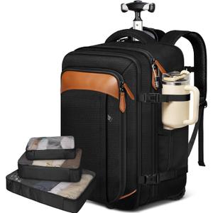Vancropak Travel Backpack with Wheels, 17 inch Carry On Flight Approved Wheeled Laptop Backpack with 3 Packing Cubes, Expandable Water Resistant Lightweight Roller Backpack for Business, Black Brown
