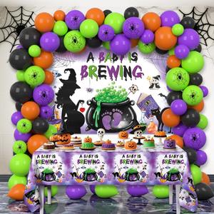 Halloween Baby Shower Party Decoration, A Baby Is Brewing Party Supplies with Backdrop Tablecloth Balloons Halloween Gender Reveal Party Decor Supplies