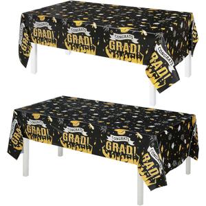 4 x Accevo Graduation Decorations 2026, 108" X 54" Graduation Tablecloth, Black Gold Rectangle Class of 2026 Table Cloths, Disposable Plastic Congrats Grad Tablecover for Grad Party Supplies, 2 Pack