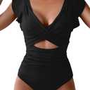 B2prity Women's One Piece Swimsuit Ruffle Cutout Bathing Suits Slimming Tummy Control V Neck Wrap Swimwear, Medium