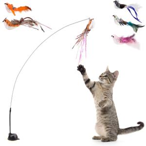 Cat Wand Toys, Interactive Bird Simulation Cat Toy for Indoor Cats,Teaser Wand Self-Holding Suction Cups Base with 5pcs Detachable Replacements Feathers Toys