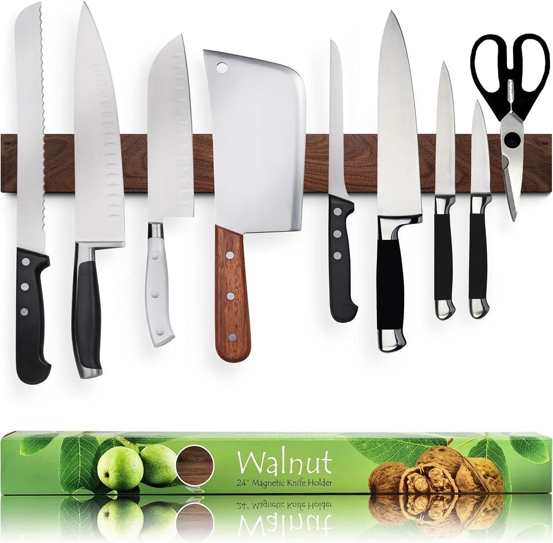 Premium 24 Inch (Large Size) Dark Walnut Wood Magnetic Knife Holder  Professional Wooden Magnetic Knife Strip - Space-Saving Knife Rack/Knife Bar With Powerful Magnetic Pull Force (Upgraded Version)