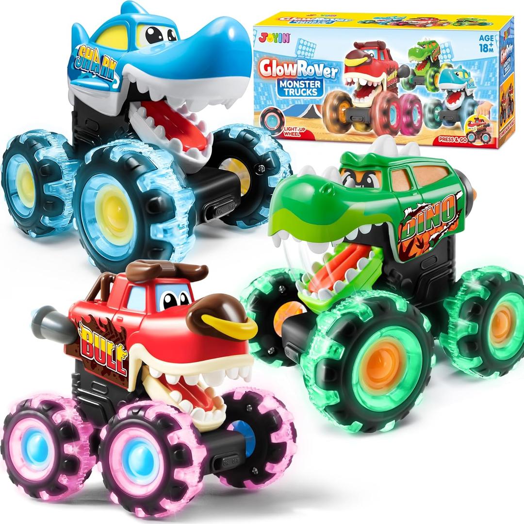 JOYIN 3 Pack Monster Truck Toy - Motion Activated Light Up Cars for Toddlers - Monster Glow Rover LED Wheels - Baby Boy Toys - Press and Go Dinosaur Trucks for Kids Boys Birthday Gifts for Christmas
