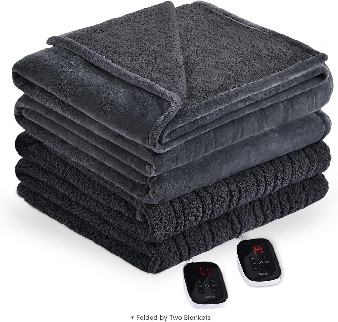 Bearhug Electric BlanketKing Size Heated Blanket 100"x 90" Warming Blanket Dual Controllers Velvet & Sherpa, 10 Levels & 0.5-12H Auto Off, Over-Heat Protect, ETL, Machine Washable, Gray