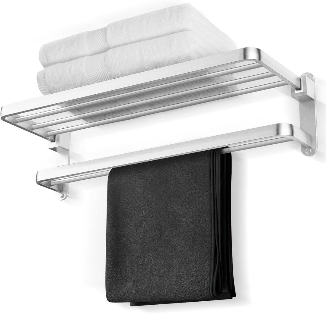 BOZWELL Bathroom Lavatory Towel Rack with Two Towel Bars,Brushed Satin Nickel 24-Inch Towel Shelf with Towel Bar,Towel Holder 1011-BSN-60 (Brushed Satin Nickel Finish)