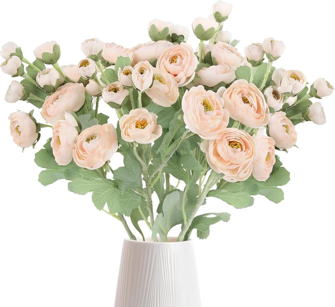 IPOPU 5pcs Fake Peonies Artificial Ranunculus Flowers 60Heads Champagne Silk Flowers 21.65" Artificial Flowers Bulk for Wedding Floral Arrangements Home Table Centerpieces Decor (Champagne)