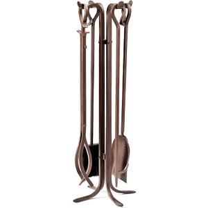 Plow & Hearth 5 Piece Hand Forged Iron Fireplace Tool Set 27.5" | Bronze Wrought Iron Handle for Outdoor Indoor | Stand Poker Shovel Brush Log Tongs Wood Stove Accessory, 13 dia. x 28H