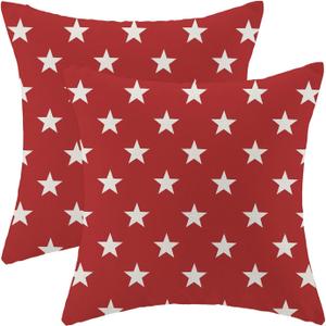 4th of July Pillow Covers 16x16 Set of 2, Red Independence Day Stars Decorative Outdoor Throw Pillows Linen Memorial Day Patriotic Cushion Pillow Covers for Sofa Couch Summer Outdoor Decor