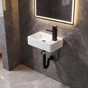 White Wall Mounted Ceramic Bathroom Sink, 14" x 7" Floating Vessel Sink, 14''x7'' Right