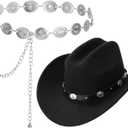 Geyoga 2 Pcs Western Cowboy Outfit Include Cowboy Hat Belt Boho Western Metal Chain Belt Matching Couples for Dresses Party (Black)