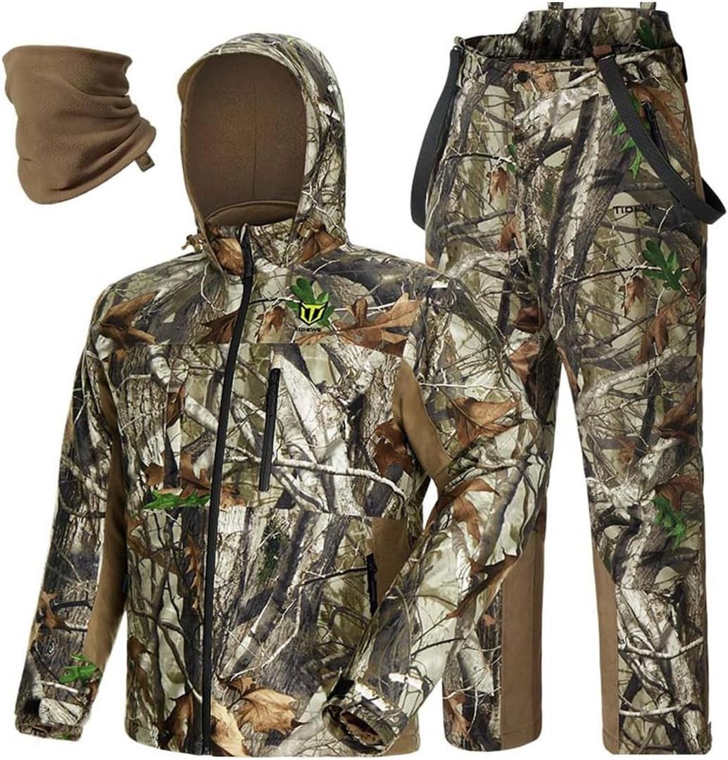 TIDEWE Hunting Clothes for Men with Face Mask, Silent Waterproof Hunting Jacket and Adjustable Bibs, Safety Strap Compatible (XX-Large)