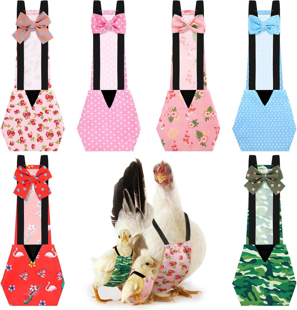 DoubleFill 6 Pcs Chicken Diapers for Indoor Chickens Reusable Washable Duck Diapers with Bowtie Adjustable Ducklings Pet Poultry Potty Training Clothes for Rooster Chicken Geese(Cute,M)