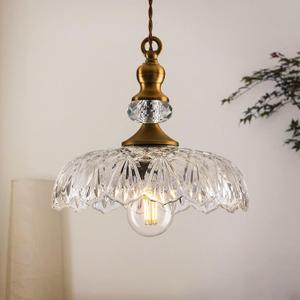 CVKASH Vintage Glass Pendant Light Fixture Brass Modern Adjustable Chandelier Farmhouse Hanging Light for Hallway Porch Kitchen Bedroom Coffee Shop Dining Room Island Gold, 9.64"L x 4.71"W x 8.26"H