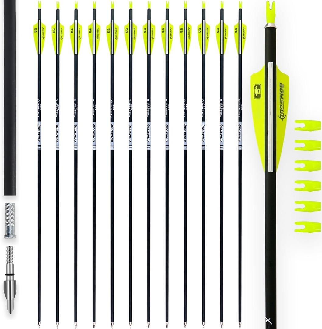 BOWSOUL 31Inch Carbon Arrows for Target Practice Hunting Arrow with Removable Tips for Compound & Recurve Bow(Pack of 12) (Yellow White)