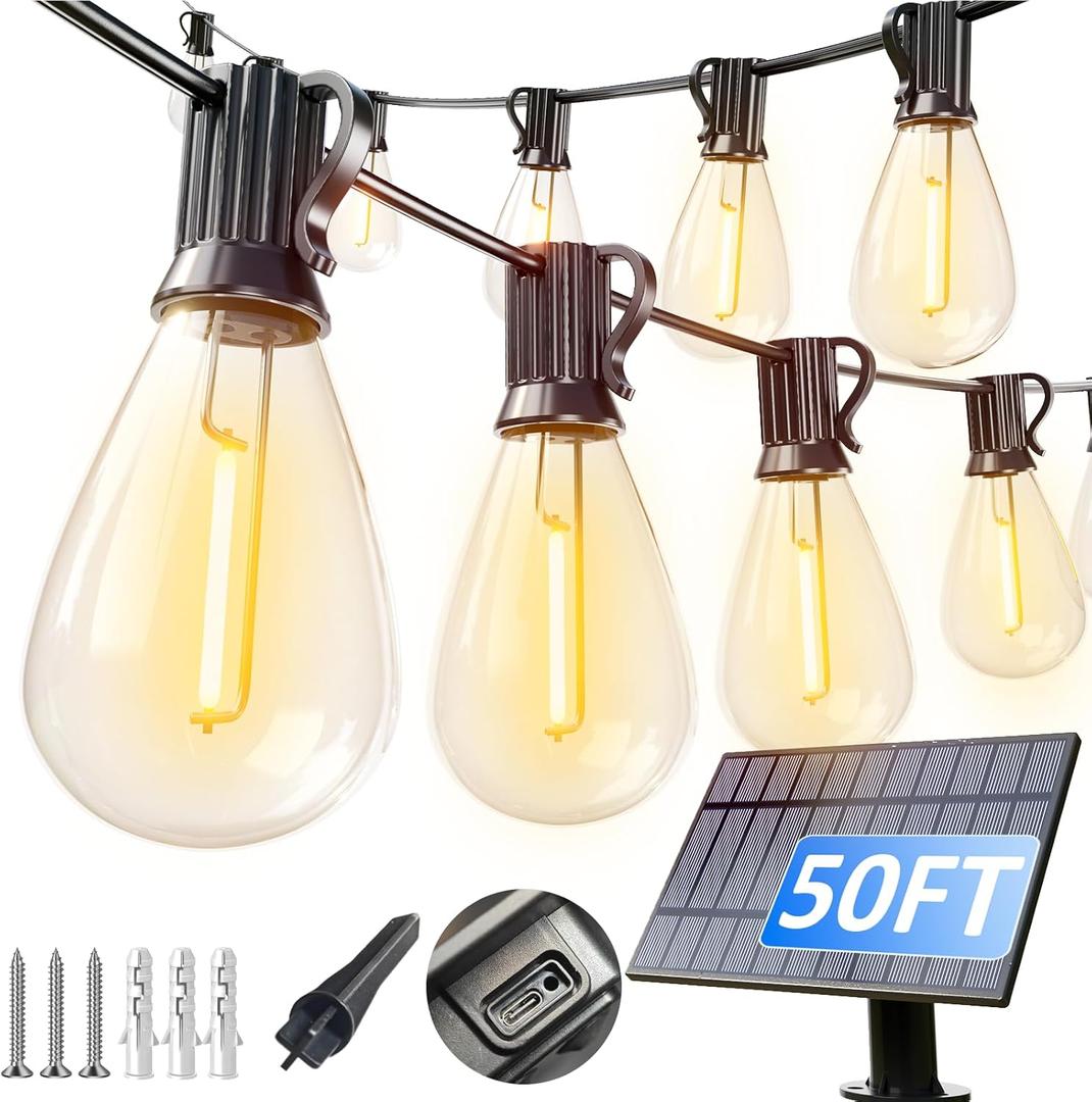 luckystyle 50FT Solar String Lights Outdoor Waterproof with 18+1 LED Bulbs Long Last for 20+Hrs, Commercial Grade Shatterproof USB Patio Solar Powered Lights for CampingBackyard, Garden, Porch Decor