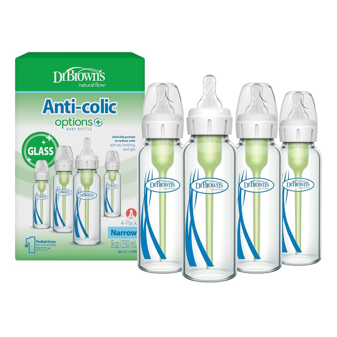 Dr. Brown's Anti-Colic Options+ Narrow Glass Baby Bottle with Level 1 Slow Flow Nipple, BPA-Free, 8 oz/250 mL, 0m+, 4-Pack 