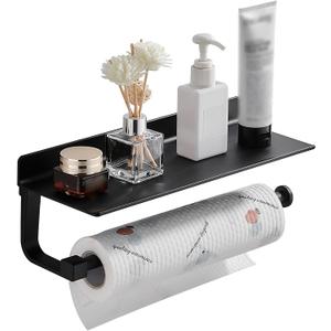Danpoo Wall Mount Paper Towel Holder with Shelf for Bathroom/Kitchen, Adhesive Hand Towel Holder, Matte Black