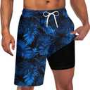 Goodstoworld Men's Funny Swim Trunks with Compression Liner 2 in 1 Quick-Dry 9" Stretch Shorts with Three Pockets (Blue, M)
