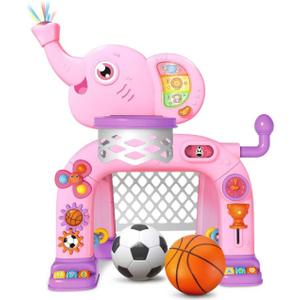 Shemira Toddler Basketball Hoop & Soccer Goal Activity Center Toys with Light & Music,Elephant Toddlers Musical Toys Gift, Baby & Toddlers Christmas Birthday Gift for 1 2 3 Year Old Boys & Girls (Pink)