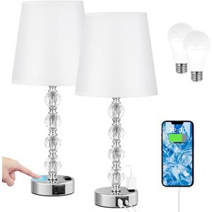 Bedside Lamps for bedrooms Set of 2 Nightstand - Large Crystal Table Lamps with USB C Charging Ports and AC Outlet, 3 Way Dimmable Touch Control Silver Bed Side Table Lamp for Living Room/Dining Room (17.5in)