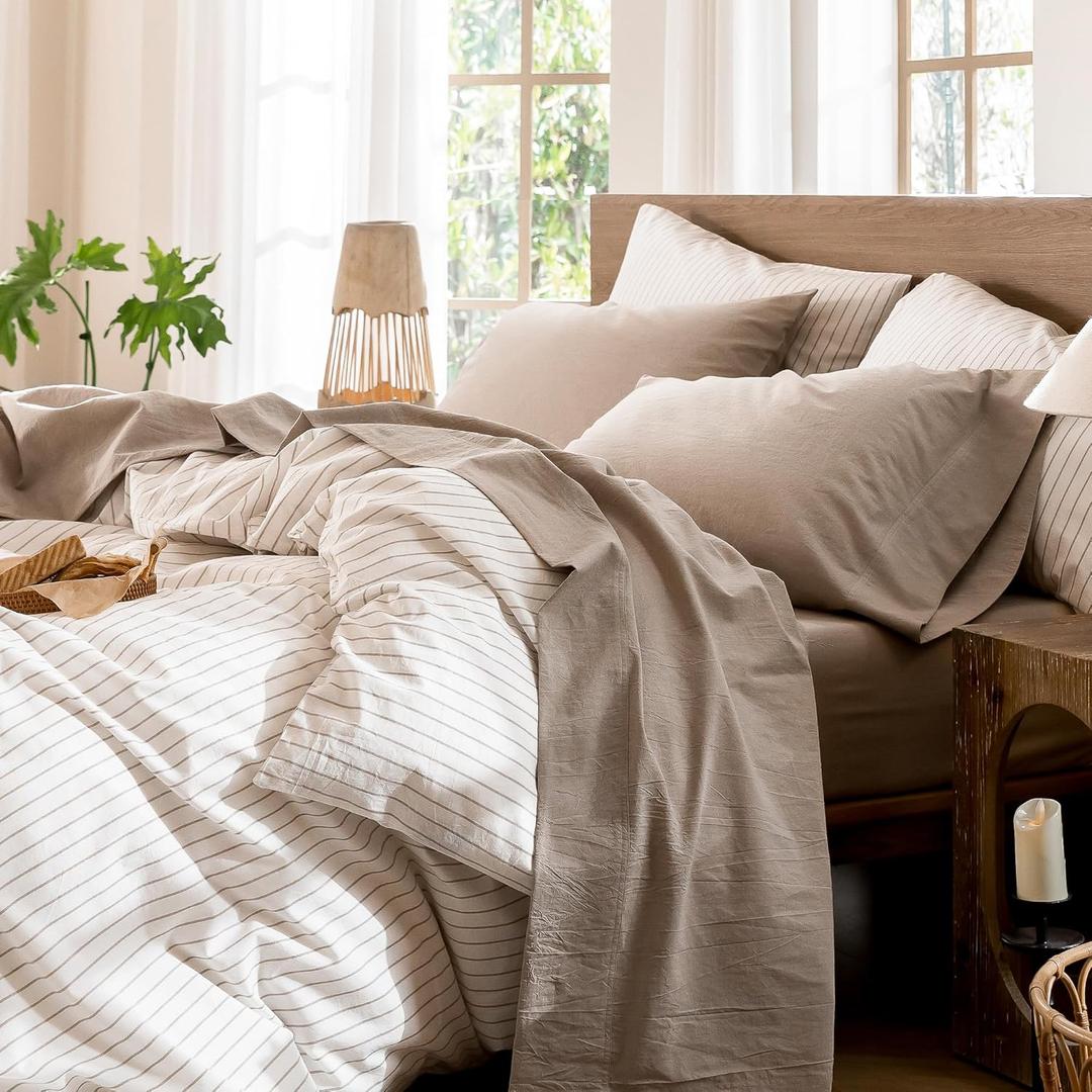 MooMee Bedding Sheet Set 100% Washed Cotton Linen Like Textured Breathable Durable Soft Comfy (Heathered Taupe, Queen)