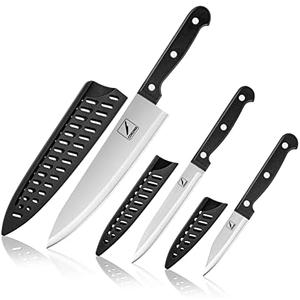 COKUMA Kitchen Knife, 3-Pcs Knife Set With Sheath, 8 Inch Chef Knife, 4.5 Inch Utility Knife, 4 Inch Paring Chef Knife, Stainless Steel, Black