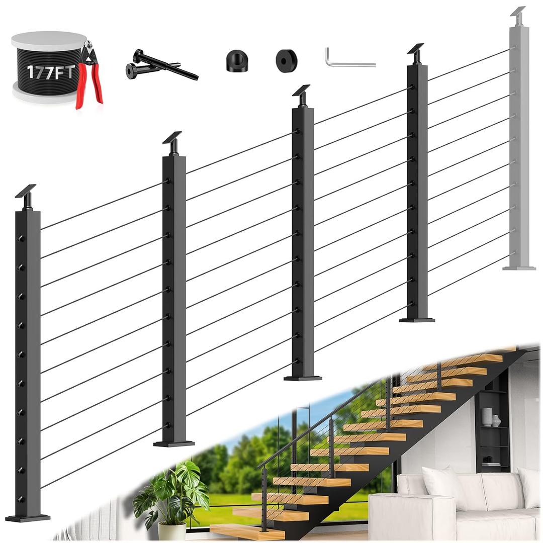 36" Expandable 12-16FT Black T304 Cable Railing Post Kit, Complete Cable Railing System with 4 Stair Posts, 177ft 1/8" Wire Rope(No Handrail), Adjustable Length Easy DIY for 25-35Stairway