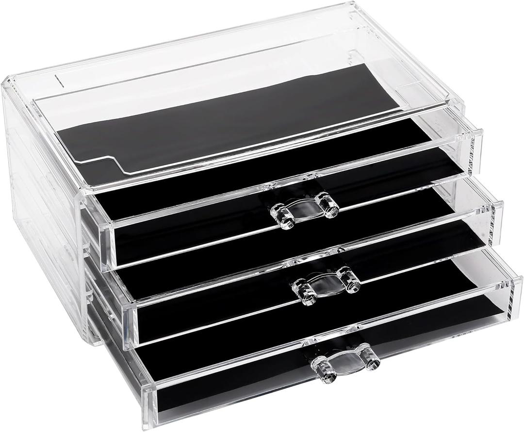 Sea Team Clear Makeup Organizer with Drawers, Acrylic Plastic Cosmetic Display Case, Jewelry Storage Box, Holder for Dresser, Bathroom, Vanity, Countertop (3 Middle Drawers)