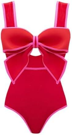 FLAXMAKER Bow Front Cut Out Color Block One Piece Swimsuit and Skirt, S