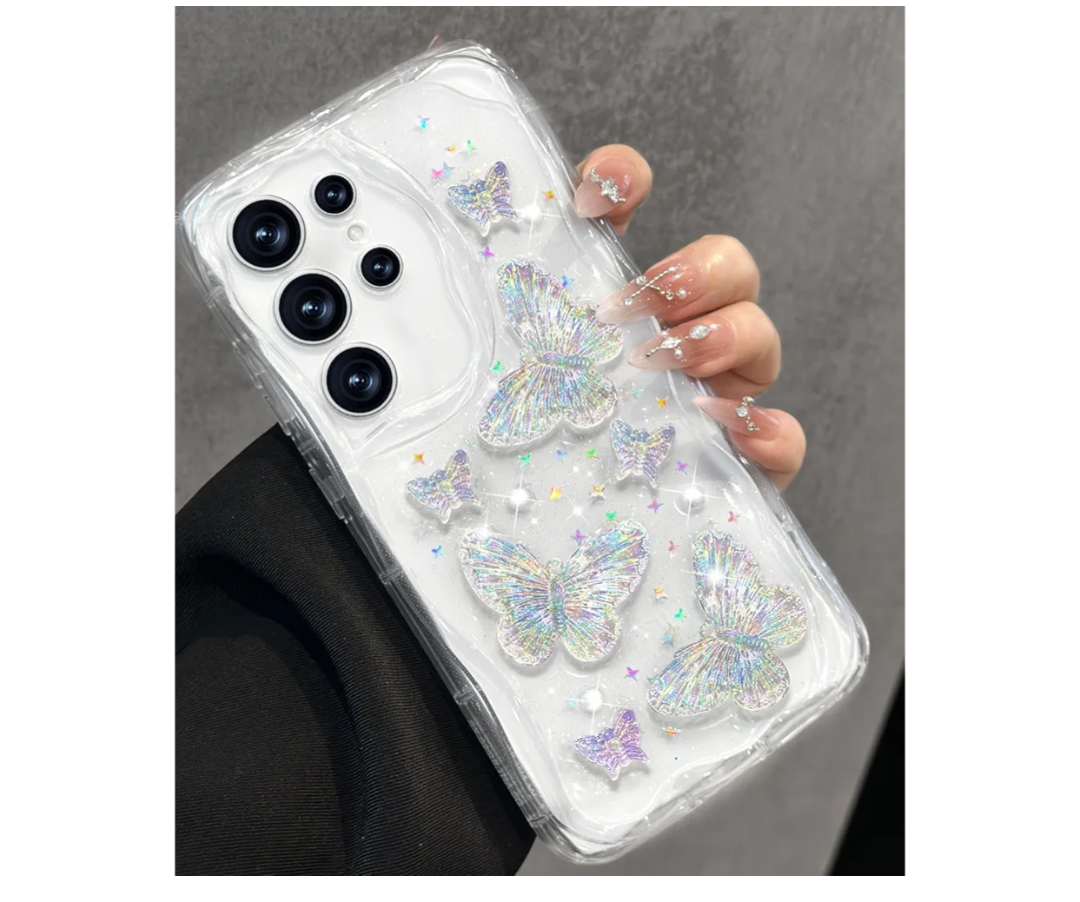 Toycamp for Samsung Galaxy S25 Ultra case Women - Cute Girly Girls Phone Cover for Samsung S25 Ultra Kawaii Aesthetic Pretty Unique Glitter Bling Sparkle Wave Funda para S25Ultra, Clear Butterfly