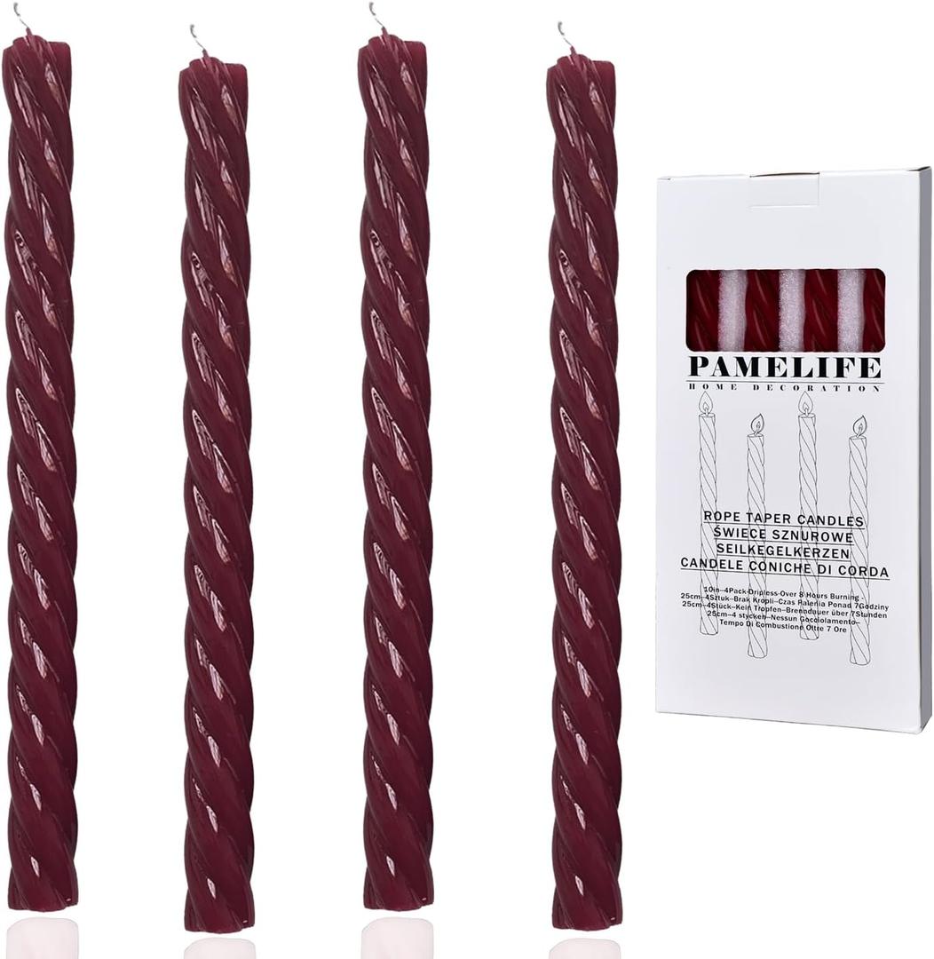 10 Inch Burgundy Red Spiral Taper Candles, 4 Pack Unscented Dripless Long Burning Time Glossy Candlesticks for Dinner Party, Wedding Shower and Home Decoration (Burgundy)