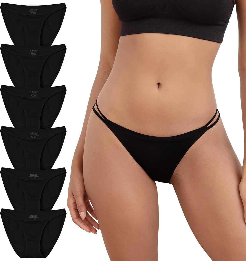 INNERSY String Bikini Panties for Women Sexy Silky Cheeky Underwear 6-Pack (Black, L)