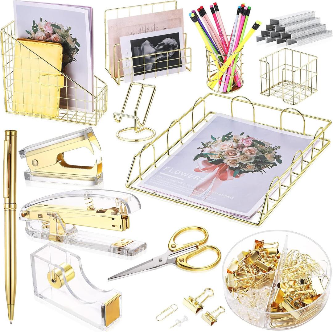 Yaomiao 13 Pcs Desk Accessories Set Kit Organizer Office Supplies Teacher Women School Gift Acrylic Stapler Staple Remover Tape Holder Pen Cup Magazine File Letter Clip Phone Holder Scissor(Gold)