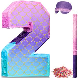 Shappy 16 Inch Mermaid Piñata Purple Number Birthday Piñata Party with Stick Blindfold Confetti for Anniversary Celebration Birthday Decoration Supplies(Number 2)