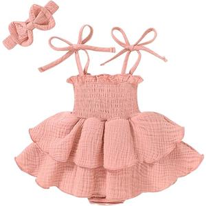 YOUNGER TREE Baby Girl Clothes Infant Summer Romper Dress Sleeveless Bodysuit Jumpsuit with Headband Toddler Outfits 12-18 Months, Gray Pink