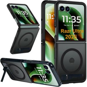 for Motorola Razr Ultra 2026 Case Compatible with Magsafe, Built-in 3 Ways Metal Kickstand & Strong Magnetic, PC Back & Soft Silicone Bumper Protection Phone Cover for Moto razr ultra 2026 (Black)