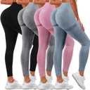 4 Pack Women Butt Lifting Workout Leggings, High Waist Seamless Gym Legging Yoga Scrunch Pants (Large, Dark Gray, Pink, Blue, Black)