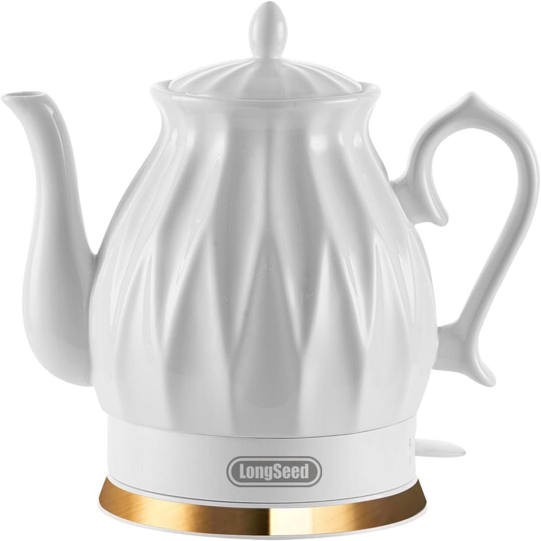Ceramic Electric Kettle, 1.5L/1200W Boil Water Quickly and Easily with Boil-Dry Protection Auto Shut Off, Detachable Swivel Base, Diamond Cut Glazed (White)