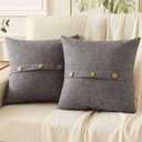 HAUSSY Dark Grey Linen Decorative Throw Pillow Covers 14x14 Inch Set of 2,Square Cushion Case with 3 Vintage Buttons,Modern Farmhouse Home Decor for Couch,Bed (14" x 14" (Pack of 2), Dark Grey)