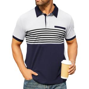 Hardaddy Men's Striped Polo Shirt Short Sleeve Casual Color Block Graphic Tee Collared Golf Shirts for Men (Blue, XXXL)