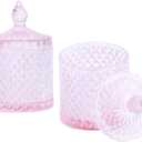 10 oz Glass Canister Set for Qtips, Cotton Swabs, Floss Dispenser & Round Pads - 3 Piece Vanity Organizer - Bathroom Countertop Storage Jars（Pink）