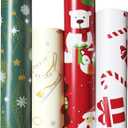 4 Rolls Christmas Wrapping Paper, 17 Inch x 16.5 Feet per Roll, Totaling 94 sq. ft.  Teal Ornaments, Cream Reindeer Mittens & Skates, Red Santa with Trees, White Gifts & Candy Canes  Eco-Friendly Durable Coated Paper Gift Wrap (Colorful)